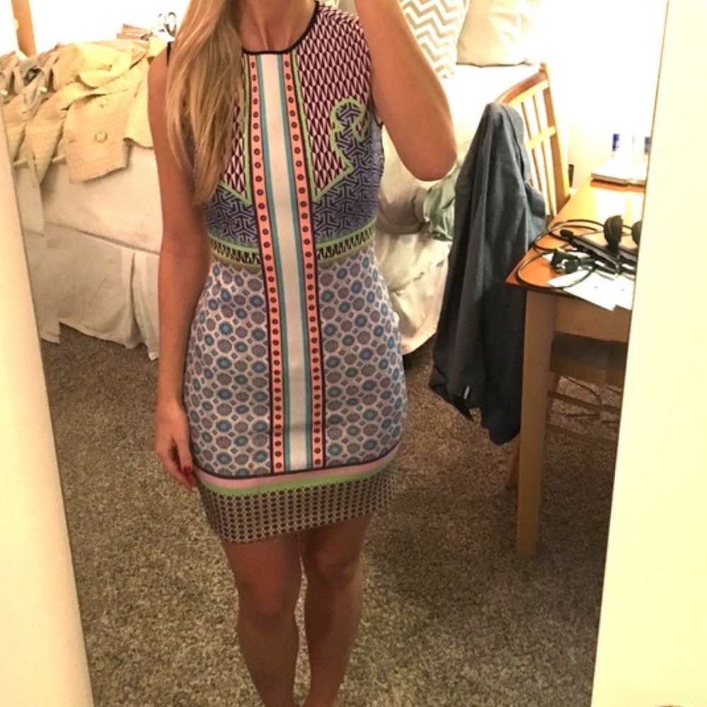 Clover Canyon women scuba bodycon sleeveless dress patchwork print neoprene szS